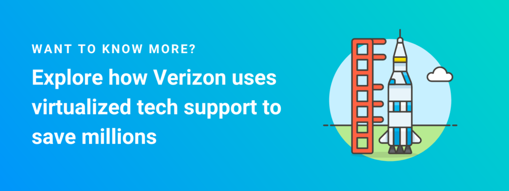 Blue banner with a rocket ship icon on it. The banner reads, "Want to know more? Explore how Verizon uses virtualized tech support to save millions".