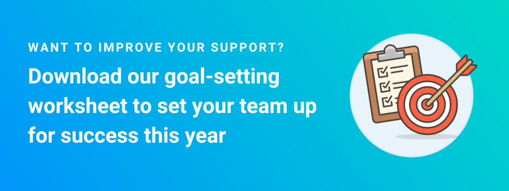Blue banner with an icon graphic of a checklist on a clipboard. In front of the clipboard is a target with an arrow on the bullseye. The banner reads: "Want to improve your support? Download our goal setting worksheet to set your team up for success this year" 