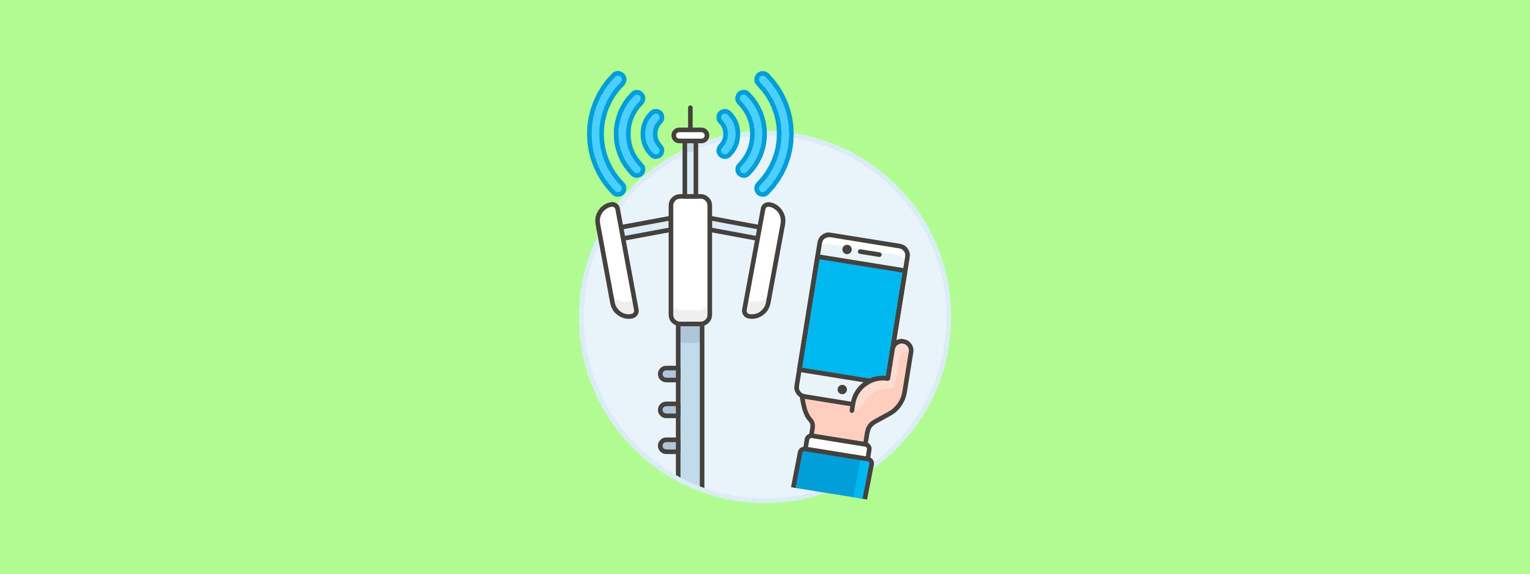 Image of a graphic icon of a hand holding a smart phone in front of a wifi tower.